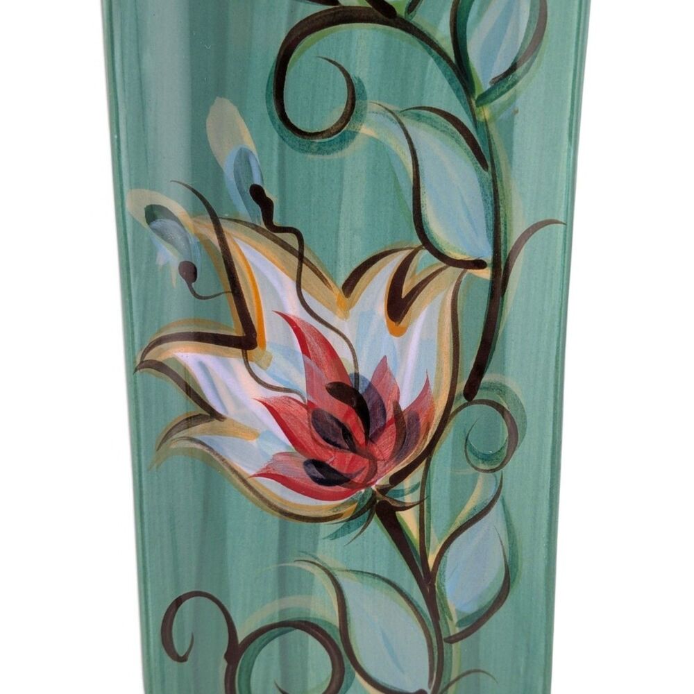 Gail Pittman Hand Painted Floral Rectangular Tray Teal Green 11.25" Signed